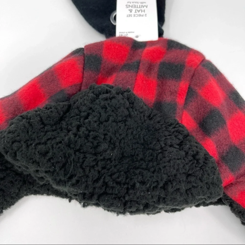 Capelli plaid Flap beanie with mittens faux fur lining 2-4T